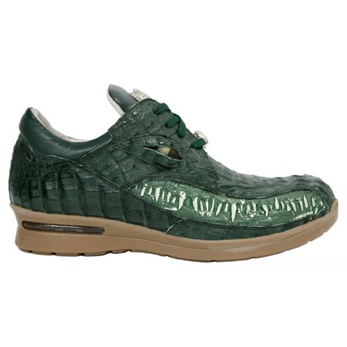 Fennix "3449" Hunter Green All Over Genuine Hornback Crocodile Sneakers With Eyes And Teeth.